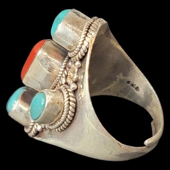 Heavy Native American Turquoise Coral Sterling Silver Ring 9 Adjustable 13.27g - Picture 7 of 11